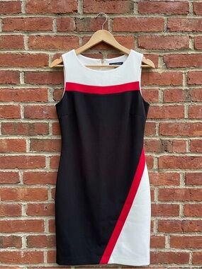 Tommy Hilfiger Colorblock Scuba Crepe Sheath Dress Size 8 Black White Red
